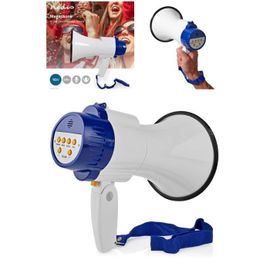 Mégaphone 10W 1500 m 115 dB Microphone détachable Sirène intégrée Bandoulière Blanc Bleu