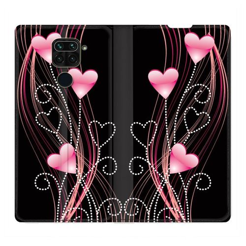 Housse Cuir Portefeuille Pour Xiaomi Redmi Note 9 Coeur Rose Montant Sur Noir