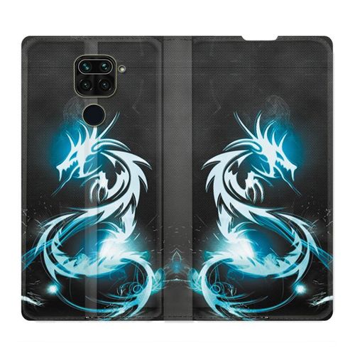 Housse Cuir Portefeuille Pour Xiaomi Redmi Note 9 Dragon Bleu