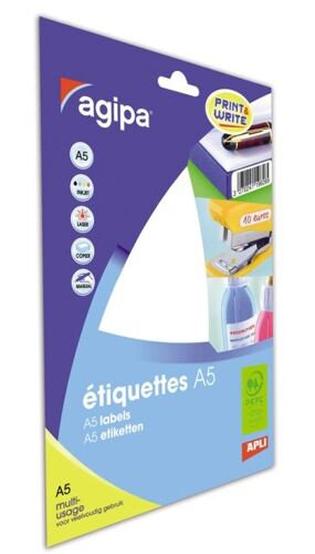 Apli-Agipa - Mat - Adhésif Permanent - Blanc - 20 X 67 Mm 288 Étiquette(S) (16 Feuille(S) X 18 Enveloppe Avec Eurohole - Étiquettes Multi-Emploi