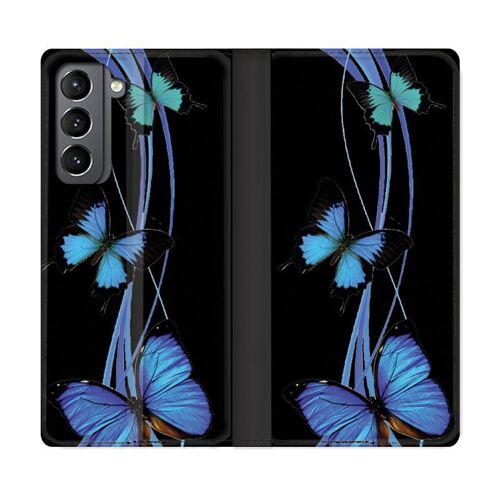 Housse Cuir Portefeuille Pour Samsung Galaxy S21 Papillon Bleu Sur Noir