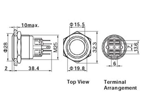 BOUTON-POUSSOIR - PLAT - ACIER INOXYDABLE - DPST 1NO 1NF - ANNEAU BLANC