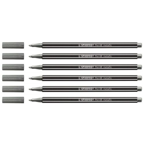 Stabilo Lot De 6 Feutres Métallisé  Pen 68 Metallic - Pointe Moyenne - Argent