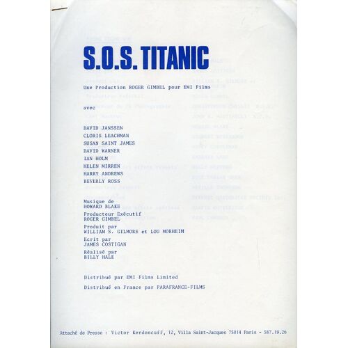 S.O.S. Titanic, Dossier De Presse, De William Hale, Avec David Janssen, Cloris Leachman, Ian Holm