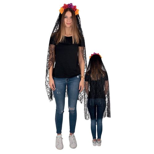 Serre-Tête Jour Des Morts Avec Fleurs Et Voile 120 Cm