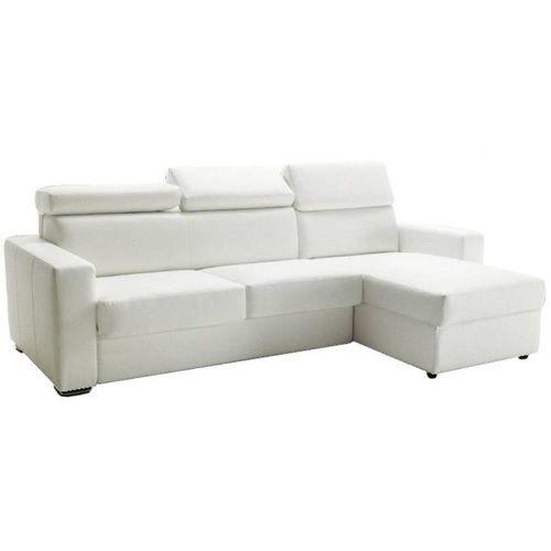 Canapé D'angle Réversible Express Sidney Deluxe 160cm Coffre Têtières Réglables Cuir Vachette Blanc Cassé Matelas 16 Cm