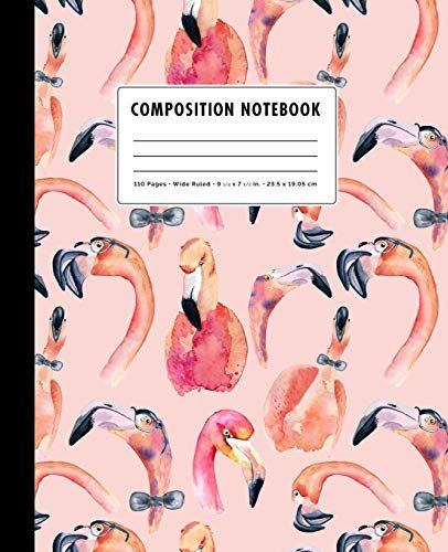Composition Notebook: Colorful Watercolor Flamingos Wearing Glasses Pattern Cover | Wide Ruled