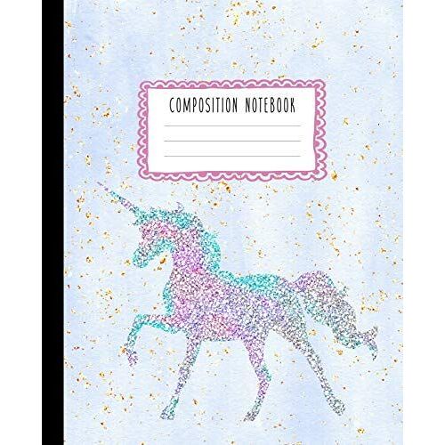 Composition Notebook: Glitter Unicorn And White Grey Marble Design Wide Ruled Line Pages, Writing Notes Journal For Girls, Kids, School, Students And Teachers (7.5 X 9.25, 100 Pages)