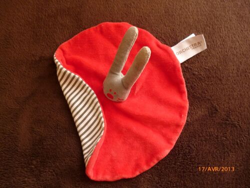 Doudou "Orchestra", Lapin Gris, Plat Rond Rouge Dos Rayé Gris Blanc