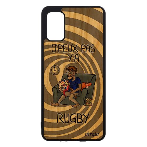 Coque Samsung Galaxy A41 en bois et silicone j'peux pas y'a rugby je texte XV de France bande dessinée gris humoristique smartphone