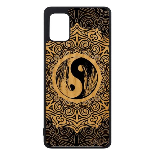 Coque Yin et Yang Samsung A31 bois silicone noir et blanc bien & mal mandala etui coloré artistique harmonie rosace 4G plume galaxy