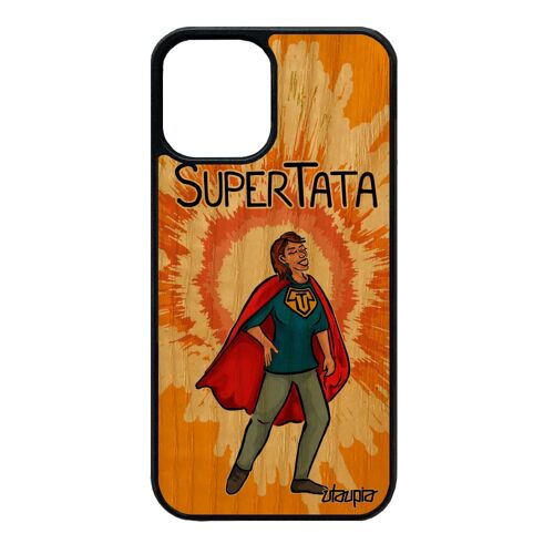 Coque en bois super tata iPhone 12 mini et silicone tante cover humoristique drole rigide orange bd etui texte de protection