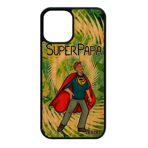 Coque iPhone 12 mini en bois et silicone super papa comics smartphone humour etui vert housse unique comique bd texte TPU père