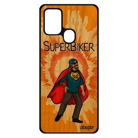 Coque Samsung Galaxy A21s Bois Naturel Silicone Super Biker Motard Comics De Protection Heros Portable Bd Humour Drole Texte Orange