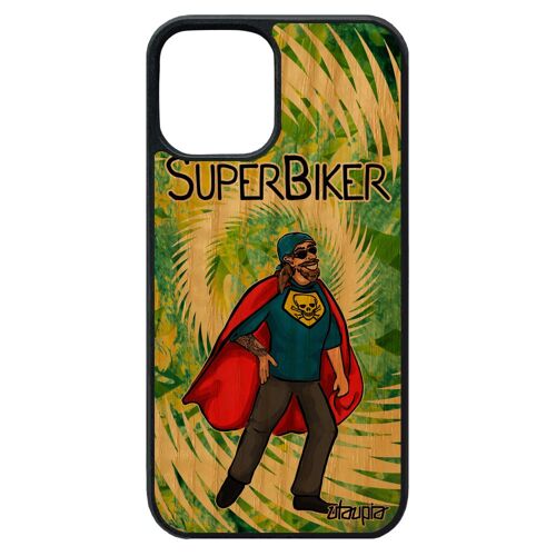 Coque super biker motard iPhone 12 pro max bois silicone telephone bumper bd drole heros texte case rigide 256 Go comics vert