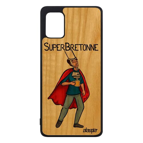 Coque Samsung Galaxy A31 Bois Naturel Silicone Super Bretonne Noir Cover Drole Rouge Bande Dessinée Heros Humoristique Breton Texte