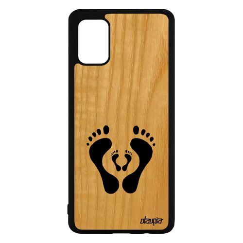 Coque Samsung A71 bois naturel silicone pied parent amour bebe trace de pas case enfant famille artisanat rigide noir de luxe galaxy