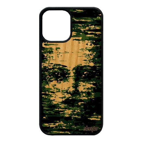 Coque Pour Iphone 12 Mini Bois Silicone Portrait Visage Artistique Militaire Camouflage Mobile Telephone Bumper Antichoc Art