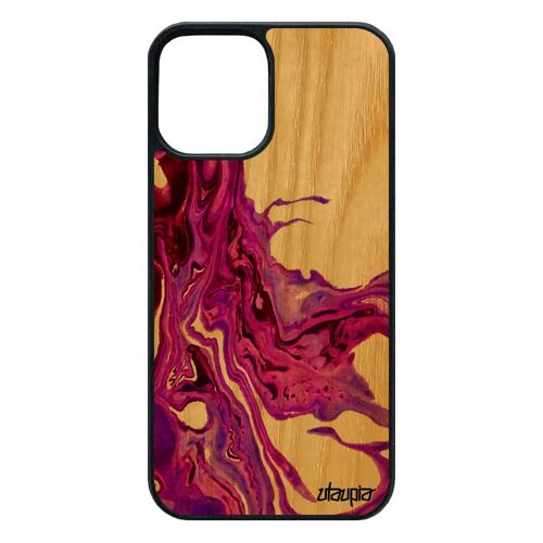 Coque pour 12 pro/iPhone 12 en bois silicone peinture bumper authentique rigide case effet violet matiere fond fait main motif