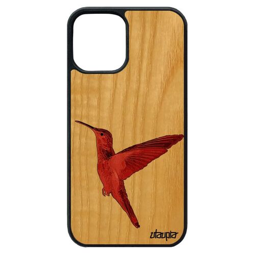 Coque Pour Iphone 12 Pro Max Bois Naturel Silicone Colibri Peinture Etui Oiseau Design Mobile Nature Plumes Ecologie Animal De
