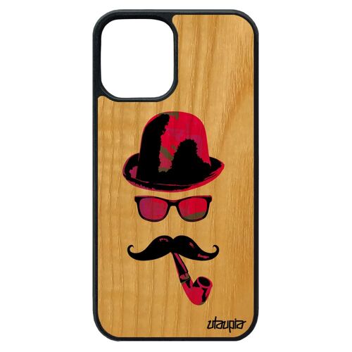 Coque Monsieur Moustache Iphone 12 Pro Max Bois Silicone Chapeau Melon Vintage Tag Telephone Femme De Protection Cover Rigide