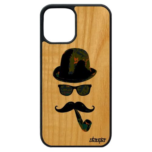 Coque En Bois Pour Iphone 12 Pro Max Silicone Homme Moustache Tendance Art Etui Pipe Antichoc Mobile Peinture Unique Vert