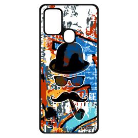 Coque Silicone Samsung Galaxy A21s Monsieur Moustache Mobile Vintage Etui Art Cadeau D'anniversaire Case Cover Pipe Peinture Orange