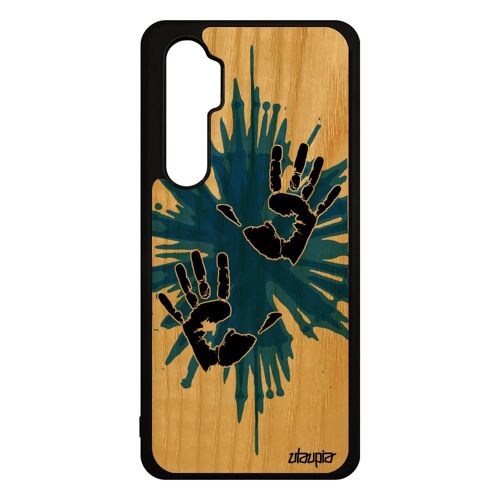 Coque mi Note 10 lite en bois silicone main homme trace de motif deux Bleu empreinte personnalisé unique peinture case etui Xiaomi