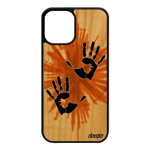 Coque iPhone 12 mini bois silicone main fantaisie peinture antichoc Orange empreinte deux case personnalisé street art de