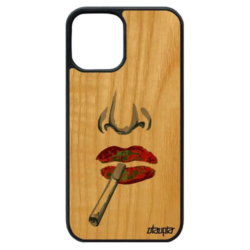 Coque en bois iPhone 12 pro max silicone fumeur original de protection orange cigarette femme smartphone smack art bouche
