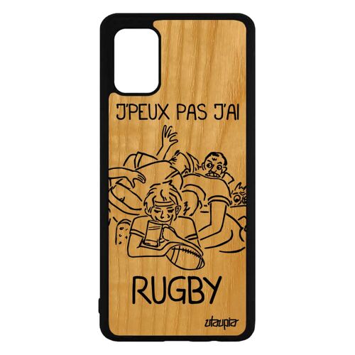 Coque antichoc Galaxy A71 en bois et silicone j'peux pas j'ai rugby bande dessinée drole Noir telephone humour motif mondial Samsung