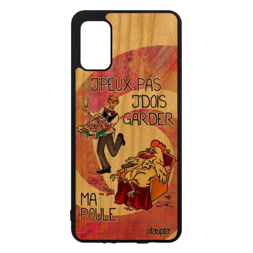 Coque Samsung A41 bois silicone j'peux pas j'dois garder ma poule animaux portable humour jpeux rigide cartoon coq texte rose galaxy