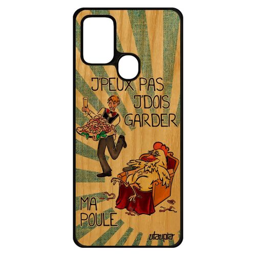 Coque pour Samsung A21s bois naturel silicone j'peux pas j'dois garder ma poule cartoon jpeux telephone je noir papa drole de galaxy