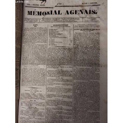 Mémorial Agenais, 6e Année - 1836, N°717 - Mardi 5 Janvier : Agen - Souscription Pour L École Chrétienne Gratuite - Jugement Des Journaux De Paris Sur Le Discours D Ouverture - Revue Nécrologique -(...)