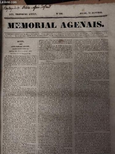 Mémorial Agenais, 3e Année - 1833, N°266 - Jeudi 31 Janvier : Agen - Cour Royale D Agen, Chambre Correctionnelle, Audiences Des 16 Et 17 Janvier 1833 - Théâtre De Villeneuve - Paris, Le 26 Et 27(...)