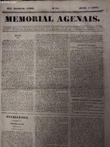 Mémorial Agenais, 3e Année - 1833, N°296 - Jeudi 11 Avril : Agen - Grande Munificence De Très-Haute, Très-Puissante Et Très-Libérale Dame Sa Majesté La Reine Des Français - Pensées Morales Et(...)