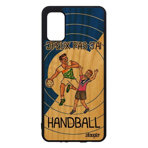 Coque silicone pour Samsung A41 en bois humour j'peux pas j'ai handball bande dessinée drole caoutchouc texte hand sport Bleu galaxy
