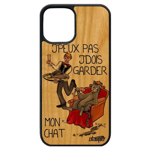 Coque bois iPhone 12 pro max silicone j'peux pas j'dois garder mon chat cartoon texte comique chaton humour rouge 512 Go cover