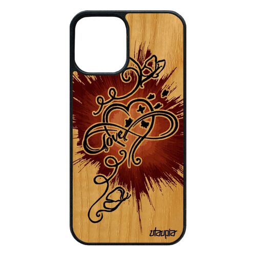 Coque 12 pro/iPhone 12 en vrai bois et silicone infini love peinture femme amour dessin noir portable papillon design coeur 4G