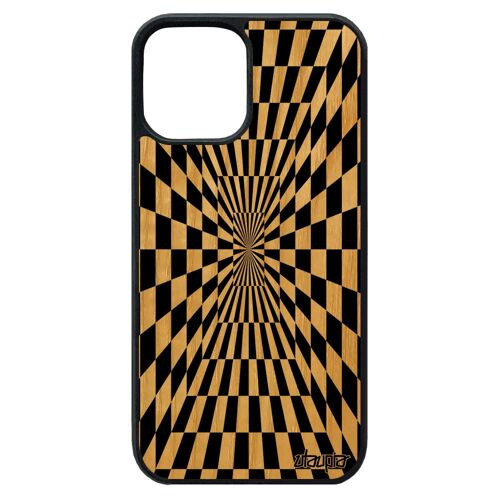 Coque silicone iPhone 12 pro max en bois veritable illusion d'optique 4G souple telephone pas cher carreaux noir et blanc noir