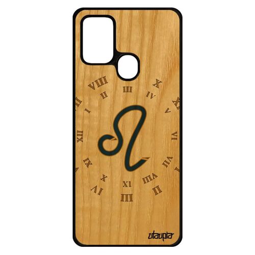 Coque Signe Lion A21s En Bois Veritable Silicone Galaxie Smartphone Sm-A217f/Dsn Du Zodiaque Bleu Femme Horloge Motif Samsung Galaxy