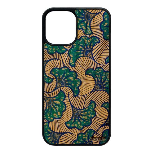 Coque Iphone 12 Mini En Bois Silicone Wax Souple Portable Ethnique Tissu Afrique Imprimé Etui Motif Bleu Coloré Dessin De