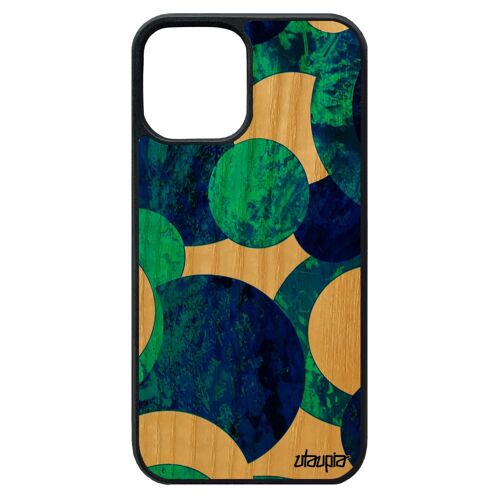 Coque bois iPhone 12 pro max silicone peinture abstrait mobile telephone ronds antichoc bleu motif frêne courbe 256 Go effet