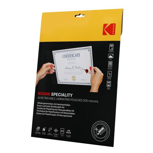 Kodak Retrievable Laminating Pouches Kd-Lma4ret-Pk10f - Pochette De Plastification Réutilisable A4, 200 Microns, Lot De 10