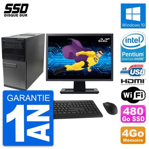 PC Tour Dell 390 MT Ecran 22" Intel G630 RAM 4Go SSD 480Go HDMI Windows 10 Wifi
