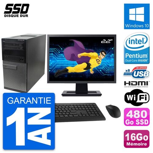 PC Tour Dell 390 MT Ecran 22" Intel G630 RAM 16Go SSD 480Go HDMI Windows 10 Wifi
