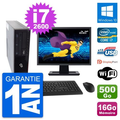 PC Fujitsu E910 DT Ecran 22" Intel i7-2600 RAM 16Go Disque 500Go Windows 10 Wifi
