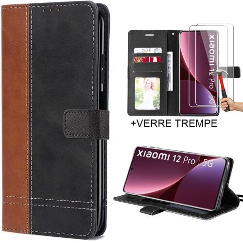 Coque pour Xiaomi 12 Pro avec 2 Verres Trempés, Protection Synthécuir Marron/Noir Bicolore - E.F.Connection