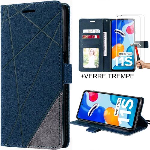 Pack De 2 Verres Trempés Avec Coque Pour Redmi Note 11s Bleu Marine Effet Cuir - E.F.Connection