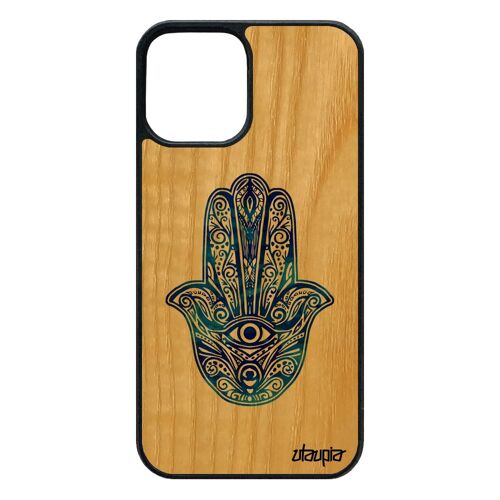 Coque silicone antichoc 12 pro/iPhone 12 en bois main de fatma housse rigide bleu femme afrique du nord original porte bonheur